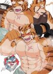  2boys alarm_clock animal_ears argo_northrop_(knights_college) bara blue_fur blush clock closed_eyes dj28sj dog_boy dog_ears english_commentary english_text fangs furry furry_male grantly_bell highres knights_college male_focus multiple_boys multiple_views open_mouth orange_fur smile speech_bubble spoken_character tiger_boy tiger_ears tiger_stripes towel towel_around_waist yawning 