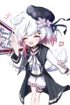  1girl animal_ears belt beret black_choker black_coat black_hat center_frills choker closed_eyes coat collared_coat dog_ears dog_tail fang flower flower-trimmed_shorts flower-trimmed_sleeves frills gradient_hair hair_flower hair_ornament hat hat_flower hat_ribbon highres jibishibi kemonomimi_mode long_sleeves looking_at_viewer mahou_shoujo_no_majo_saiban multicolored_hair neck_ribbon o-ring o-ring_thigh_strap pink_hair puffy_sleeves ribbon sakuraba_ema shirt short_hair simple_background sleeveless sleeveless_coat smile solo tail thigh_strap white_background white_flower white_hair white_ribbon white_shirt white_sleeves x_hair_ornament 