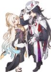  1boy 1girl adjusting_clothes adjusting_headwear aqua_hair ashveil_(honkai:_star_rail) black_coat black_hair black_pants black_shirt black_shoes blonde_hair bright_pupils closed_mouth coat collared_shirt commentary fins forehead_jewel full_body gloves gradient_hair grey_hair hat head_fins highres honkai:_star_rail honkai_(series) jewelry kradebii long_hair long_sleeves looking_at_viewer multicolored_hair neckerchief necklace official_alternate_costume pants pearl_(honkai:_star_rail) pearl_(stoneheart's_oath_ring)_(honkai:_star_rail) purple_eyes shirt shoes simple_background tooth_necklace twitter_username untranslatable_commentary very_long_hair white_background white_coat white_gloves white_hat white_pupils white_shirt yellow_neckerchief 