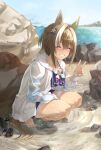  1girl anchor_hair_ornament animal_ears barefoot beruu bikini bikini_shorts blue_bikini blue_nails blue_swim_trunks blush braid brown_hair cheval_grand_(summer_calm_navy_drop)_(umamusume) cheval_grand_(umamusume) closed_eyes cloud cloudy_sky commentary_request day hair_intakes hair_ornament half_up_braid highres horse_ears horse_girl horse_tail jacket long_sleeves looking_at_viewer multicolored_hair nail_polish ocean official_alternate_costume official_alternate_hairstyle open_clothes open_jacket outdoors rock short_hair short_hair_with_long_locks shorts sidelocks sky smile solo squatting streaked_hair swimsuit tail toenails toes umamusume v white_jacket white_streaks 