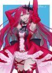  1girl armpits arms_up arsti_11 baobhan_sith_(fate) baobhan_sith_(first_ascension)_(fate) bare_shoulders breasts center_frills clenched_teeth commentary detached_collar detached_sleeves dress earrings fate/grand_order fate_(series) frills grey_eyes hair_intakes highres jewelry long_hair looking_at_viewer medium_breasts pink_dress pink_hair pink_thighhighs pointy_ears sidelocks solo teeth thighhighs thighs tiara 