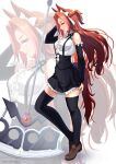  1girl animal_ears assault_lily bare_shoulders black_sleeves black_thighhighs blue_eyes blush bow braid breasts brown_hair brown_shoes commentary_request cosplay curtained_hair detached_sleeves grey_hair hair_bow half_up_half_down_braid hamaeru highres horse_ears horse_girl horse_tail kawakami_princess_(umamusume) large_breasts long_hair miriam_hildegard_von_gropius miriam_hildegard_von_gropius_(cosplay) pleated_skirt ribbon shirt shoes skirt smile suspender_skirt suspenders tail takahashi_karin thighhighs umamusume voice_actor_connection weapon white_bow white_shirt zettai_ryouiki zoom_layer 