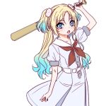  1girl arm_up baseball_bat blonde_hair blue_eyes blue_hair commentary cowboy_shot dress fang gradient_hair hasu_no_sora_school_uniform holding holding_baseball_bat light_blush long_hair looking_at_viewer love_live! love_live!_hasu_no_sora_jogakuin_school_idol_club medium_dress multicolored_hair neckerchief open_mouth osawa_rurino pleated_dress puffy_short_sleeves puffy_sleeves red_neckerchief sailor_collar sailor_dress school_uniform shinanoya_(satanicad) short_sleeves simple_background solo summer_uniform twintails virtual_youtuber white_background white_dress white_sailor_collar 