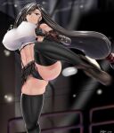  1girl abs artist_name bare_shoulders black_gloves black_panties black_thighhighs boots breasts brown_boots brown_hair commentary_request covered_nipples crop_top earrings elbow_pads final_fantasy final_fantasy_vii final_fantasy_vii_remake fingerless_gloves gloves high_kick highres impossible_clothes impossible_shirt jewelry kicking large_breasts long_hair looking_at_viewer low-tied_long_hair midriff navel panties pantyshot pleated_skirt revision saizu_nitou_gunsou shirt signature skirt smile solo suspender_skirt suspenders suspenders_gap swept_bangs tank_top thighhighs tifa_lockhart underwear very_long_hair white_tank_top 
