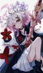  1girl black_choker black_coat blood blood_on_clothes blood_on_weapon bug butterfly choker closed_mouth coat collared_coat commentary_request flower gradient_hair hair_flower hair_ornament highres holding holding_sword holding_weapon jibishibi long_sleeves looking_at_viewer lying mahou_shoujo_no_majo_saiban multicolored_hair neck_ribbon pink_eyes pink_hair puffy_sleeves red_butterfly red_flower ribbon sakuraba_ema shirt short_hair simple_background skirt sleeveless sleeveless_coat solo stab sword tears weapon white_background white_flower white_hair white_ribbon white_shirt white_skirt white_sleeves x_hair_ornament 