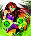  1girl armbinder boots colored_sclera colored_skin dc_comics glowing glowing_eyes green_sclera highres jo.hoshi leotard orange_skin purple_boots purple_tank_top red_hair sleeved_leotard solo starfire superhero_costume tamaranean tank_top teen_titans 