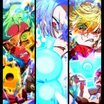  1boy 2girls backlace_(psg) blonde_hair blue_eyes commentary_request cousins curtained_hair demon_girl double_gold_lacytanga_(psg) dress earrings gradient_hair green_eyes green_hair gun holding holding_gun holding_weapon jewelry jumpsuit multicolored_hair multiple_girls panty_&amp;_stocking_with_garterbelt panty_(psg) pfziki pink_hair polyester_(psg) purple_hair red_dress red_eyes scanty_(psg) weapon white_jumpsuit 