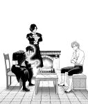  3boys board_game chair chess claude_von_riegan closed_mouth commentary crossed_arms english_commentary fire_emblem fire_emblem:_three_houses from_side garreg_mach_monastery_uniform greyscale hubert_von_vestra long_sleeves male_focus monochrome multiple_boys on_chair paper pencil playing_chess playing_games short_hair sitting smile standing sylvain_jose_gautier vetsa 
