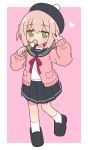  1boy beret black_hat black_sailor_collar black_shoes black_skirt blush border brown_hair cardigan commentary_request crossdressing crossdressing_(mtf) dango food full_body green_eyes hat heart highres holding holding_food holding_skewer long_sleeves looking_at_viewer male_focus medium_hair miniskirt naga_u neck_ribbon one_side_up open_cardigan open_clothes original outside_border pink_background pink_cardigan pleated_skirt pom_pom_hat_ornament purple_ribbon revision ribbon sailor_collar sanshoku_dango school_uniform serafuku shirt shoes simple_background skewer skirt sleeves_past_wrists socks solo standing suama-kun_(naga_u) trap v wagashi white_border white_shirt white_socks 