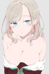  1girl :o aqua_neckerchief bare_shoulders breasts brown_dress ceras_yanagida_lilienfeld cleavage clothes_pull collarbone commentary dress dress_pull fate_no_keshin grey_background grey_hair hair_ribbon hasu_no_sora_school_uniform highres large_breasts looking_at_viewer love_live! love_live!_hasu_no_sora_jogakuin_school_idol_club neckerchief no_bra parted_lips pink_ribbon ribbon sailor_collar sailor_dress school_uniform simple_background solo virtual_youtuber white_sailor_collar winter_uniform 