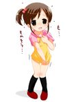  black_legwear blush bottomless brown_eyes brown_hair child embarrassed flying_sweatdrops full_body hair_bobbles hair_ornament hood hoodie kneehighs knees_together_feet_apart kyon_no_imouto open_mouth orange_eyes raglan_sleeves shirt_tug shoes side_ponytail solo standing suzumiya_haruhi_no_yuuutsu tears thigh_gap translated trembling wavy_mouth yamasaki_tomoya 