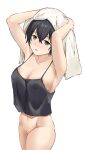  1girl black_camisole black_hair blush bottomless breasts brown_eyes camisole chang_chin-lan commentary_request covered_nipples drying drying_hair happybathroom highres holding holding_towel kamiina_botan_yoeru_sugata_wa_yuri_no_hana large_breasts navel parted_lips pussy short_hair simple_background solo towel white_background 