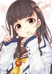  1girl birthday blush brown_eyes brown_hair brown_sailor_collar commentary_request happy_birthday highres jacket long_hair looking_at_viewer make_heroine_ga_oo_sugiru! mono9ron neckerchief nukumizu_kaju oversized_jacket sailor sailor_collar solo tongue tongue_out v white_background white_jacket yellow_neckerchief 