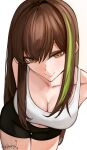  1girl absurdres arms_behind_back artist_name bare_shoulders bent_over black_shorts breasts brown_eyes brown_hair cleavage closed_mouth collarbone come_hither covered_groin cowboy_shot crop_top cropped_shirt eyeliner girls'_frontline green_streaks highres kirukatsu large_breasts leaning_forward long_hair looking_at_viewer m4a1_(girls'_frontline) makeup medium_breasts midriff multicolored_hair navel shirt short_shorts shorts signature simple_background smile solo streaked_hair tank_top thigh_gap white_background white_shirt white_tank_top 