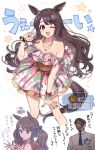  1boy 1girl animal_ears bare_shoulders bead_bracelet beads blue_necktie blush bracelet breasts brown_hair cleavage collared_shirt commentary_request corset crossed_arms dress fig_(lchijiku) floral_print floral_print_dress horse_ears horse_girl horse_tail jacket jewelry large_breasts leaning_forward long_hair looking_at_viewer multicolored_nails nail_polish necklace necktie off-shoulder_dress off_shoulder official_alternate_costume official_alternate_hairstyle one_eye_closed open_mouth pink_dress print_dress purple_eyes red_jacket shirt smile star_(symbol) tail tosen_jordan_(aurore_vacances)_(umamusume) tosen_jordan_(umamusume) tracen_training_uniform track_jacket trainer_(umamusume) translation_request twintails umamusume watermark white_shirt 