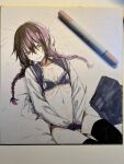  1girl braid breasts long_hair lying marker_(medium) navel on_back open_clothes open_shirt original panties photo_(medium) purple_eyes purple_hair rage_(rojiura) ribs school_uniform serafuku shikishi skirt small_breasts smile solo thighhighs traditional_media twin_braids underwear unworn_skirt 