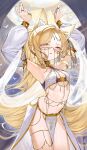  1girl absurdres animal_ear_fluff animal_ears armpits blonde_hair blue_archive breasts commentary cross_halo curtained_hair dancer detached_sleeves extra_ears fox_ears fox_girl gold_trim halo harem_outfit highres layer_(shinobu) long_hair looking_at_viewer navel no_panties parted_lips seia_(blue_archive) small_breasts solo swept_bangs untranslatable_commentary yellow_eyes yellow_halo 