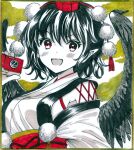  1girl :d black_hair black_wings camera commentary_request feathered_wings hajike_akira hat highres holding holding_camera kourindou_tengu_costume looking_at_viewer open_mouth pointy_ears pom_pom_(clothes) red_eyes red_hat shameimaru_aya shikishi short_hair smile solo tokin_hat touhou traditional_media upper_body wings yellow_background 