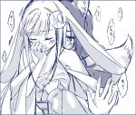  2girls animal_ears bare_shoulders blush cho_kaguya-hime! closed_eyes commentary_request covering_own_mouth cpkcpk777 crescent crescent_hair_ornament fox_ears fox_tail grabbing_another's_breast groping hair_ornament hand_over_own_mouth kaguya_(cho_kaguya-hime!) long_hair lop_rabbit_ears monochrome multiple_girls parted_lips rabbit_ears sakayori_iroha tail translated upper_body yuri 