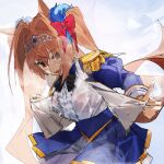  1girl animal_ears blue_jacket blue_skirt brown_hair clothes_lift commentary commeowdore daiwa_scarlet_(peak_blue)_(umamusume) daiwa_scarlet_(umamusume) english_commentary epaulettes fang hair_ornament highres horse_ears horse_girl horse_tail jacket looking_at_viewer open_mouth red_eyes shirt skin_fang skirt solo steaming_body sweat tail tiara twintails umamusume wet wet_clothes white_shirt 