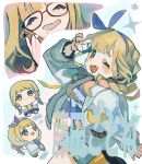  1girl :3 :d absurdres black-framed_eyewear blonde_hair blue_bow blue_hairband blue_shirt blush bow bow_hairband braid character_name close-up closed_eyes commentary dot_nose fang fate_(series) fujita_kotone gakuen_idolmaster glasses hair_bow hairband hand_up highres holding holding_money idolmaster jacket long_hair long_sleeves looking_at_viewer looking_to_the_side money multiple_views one_eye_closed onigiri_(vuhz5735) open_clothes open_jacket print_shirt shirt shoes smile sparkle standing standing_on_one_leg straight_hair stuffed_toy twin_braids v v_over_eye wavy_mouth white_jacket yellow_eyes yellow_shoes 