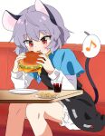  1girl ahoge animal_ears bloomers blue_capelet burger capelet commentary commission couch eating food french_fries grey_hair holding holding_burger holding_food jewelry long_sleeves mouse_ears mouse_girl mouse_tail musical_note nazrin pendant red_eyes short_hair simple_background sitting skeb_commission soda solo spoken_musical_note tail touhou white_background yoihebi 