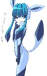  animal_ears aqua_eyes artist_request bangs blue_hair costume flat_chest gen_4_pokemon glaceon personification pokemon simple_background smile solo tail white_background 