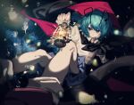 1girl absurdres antennae aqua_eyes aqua_hair black_cape blue_shorts cape closed_mouth collared_shirt commentary fireflies floating foot_out_of_frame highres holding holding_lantern lantern legs long_sleeves ryomochi shirt shoes short_hair shorts socks solo touhou two-sided_cape two-sided_fabric untranslatable_commentary white_shirt white_socks wriggle_day wriggle_nightbug 