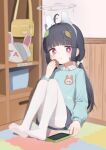  1girl :t against_wall ahoge alternate_costume animal_ears aqua_shirt artist_request black_hair black_skirt blue_archive bow bright_pupils character_name check_source cookie eating english_commentary fake_animal_ears food grey_halo hair_bow halo hand_up highres holding holding_cookie holding_food indoors kindergarten_uniform knees_up leaf leaf_on_head long_hair long_sleeves looking_at_viewer low_twintails miyu_(blue_archive) name_tag nyune pantyhose phone rabbit_ears red_eyes shirt sitting skirt smock solo source_request thermos thighband_pantyhose third-party_source twintails white_bow white_pantyhose white_pupils 
