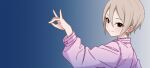  1girl black_eyes commentary_request fox_shadow_puppet grey_hair highres hodo_(hodo49894989) idolmaster idolmaster_cinderella_girls jacket looking_at_viewer pink_jacket shiomi_syuko short_hair smile solo upper_body 
