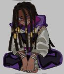  1boy brown_hair commentary cropped_jacket dark-skinned_male dark_skin dreadlocks english_commentary gachiakuta grey_background grin highres hood hood_down hooded_jacket indian_style jabber_wonger jacket jewelry keppikun long_hair looking_at_viewer male_focus multiple_rings purple_eyes ring shaded_face simple_background sitting smile solo 