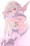  1girl absurdres black_shoes blue_sailor_collar brown_hair colored_inner_hair commentary crying crying_with_eyes_open debitto_(makaino_ririmu) demon_girl demon_wings fangs full_body hair_intakes highres holding holding_stuffed_toy jacket makaino_ririmu makaino_ririmu_(4th_costume) multicolored_hair nijisanji pink_eyes pink_hair pink_jacket pleated_skirt pointy_ears sad sailor_collar school_uniform serafuku shoes simple_background sitting sitting_on_stairs skirt solo stairs streaked_hair stuffed_animal stuffed_rabbit stuffed_toy tattoo tears two-tone_hair two_side_up untranslatable_commentary uukata virtual_youtuber white_background winged_heart winged_heart_tattoo winged_shoes wings 