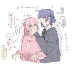  2girls black_ribbon black_sweater blue_eyes blue_hair bocchi_the_rock! commentary_request cube_hair_ornament flying_sweatdrops gotoh_hitori hair_ornament hair_ribbon hand_on_another's_face highres jacket long_hair multiple_girls pink_hair pink_jacket renkon_age ribbon short_hair simple_background speech_bubble sweater tears translation_request white_background yamada_ryo yellow_eyes yuri 