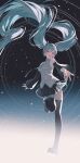  1girl absurdres aqua_eyes aqua_hair aqua_necktie bare_shoulders black_boots black_skirt boots breasts commentary detached_sleeves floating_hair full_body hatsune_miku highres kumaro leg_up long_hair looking_at_viewer necktie number_tattoo open_mouth outstretched_arms pleated_skirt reaching reaching_towards_viewer shirt shoulder_tattoo skirt sky sleeveless sleeveless_shirt solo standing standing_on_one_leg star_(sky) starry_sky tattoo teeth thigh_boots upper_teeth_only very_long_hair vocaloid white_shirt 
