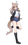  +_+ 1girl absurdres almond_eye_(umamusume) animal_ears black_boots black_jacket blue_eyes blue_shorts blush boots bow braid braided_sidelocks breasts brown_hair colored_inner_hair commentary cuteshiho full_body hair_between_eyes hair_ornament hairband hairclip highres horse_ears horse_girl horse_tail jacket long_hair looking_at_viewer midriff_peek multicolored_hair open_clothes open_jacket open_mouth shirt shorts sidelocks simple_background smile solo standing standing_on_one_leg symbol-shaped_pupils tail umamusume v white_hairband white_shirt x-shaped_pupils 