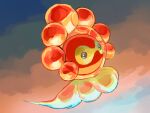 black_eyes bright_pupils castform castform_(sunny) closed_mouth commentary_request full_body fusenryo no_humans outdoors pokemon pokemon_(creature) pokemon_focus sky smile solo white_pupils 