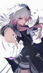  1girl beret black_choker black_coat black_hat choker coat collared_coat commentary_request flower gradient_hair hair_flower hair_ornament hat hat_flower highres jibishibi long_sleeves looking_at_viewer mahou_shoujo_no_majo_saiban multicolored_hair neck_ribbon pink_eyes pink_hair pointing pointing_down puffy_sleeves ribbon sakuraba_ema shirt short_hair simple_background skeletal_wings sleeveless sleeveless_coat solo spoilers upper_body white_background white_flower white_hair white_ribbon white_shirt white_sleeves wings witch_(manosaba) x_hair_ornament 