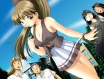  2boys 3girls bag bow breasts brown_eyes brown_hair brown_vest building cleavage clueless collarbone collared_shirt dutch_angle exhibitionism game_asset hair_bow hakoiri_musume high_ponytail holding holding_bag large_breasts long_hair looking_back miniskirt multiple_boys multiple_girls non-web_source official_art open_mouth outdoors parted_lips pleated_skirt ponytail public_indecency raised_inner_eyebrows school_uniform self-datamine shirt skirt sky solo_focus standing sweat tareme the_seiji toujou_mizuho vest visual_novel_cg white_skirt 