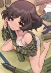  1girl akiyama_yukari backpack bad_id bad_pixiv_id bag bare_shoulders barefoot black_socks blush breasts brown_eyes brown_hair camisole camouflage camouflage_shirt commentary dolphin_shorts ehirorotoon english_text frown girls_und_panzer green_shirt green_skirt grey_camisole grey_shorts hair_ornament hairclip half-closed_eyes happy_birthday holding_tank_shell leaning_forward long_sleeves looking_at_viewer loungewear messy_hair milestone_celebration on_floor open_clothes open_shirt pleated_skirt school_uniform serafuku shirt short_hair short_shorts shorts sideboob sitting skirt sleepy small_breasts socks solo squeans tatami twitter_username unworn_shirt unworn_skirt unworn_socks wariza white_shirt 