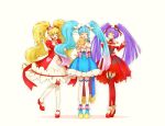 3girls ankle_boots asahina_mirai blonde_hair blue_boots blue_cape blue_dress blue_hair boots bow bowtie brooch cape choker closed_eyes commentary crossed_legs cure_magical cure_magical_(ruby_style) cure_miracle cure_miracle_(ruby_style) cure_sky cut_bangs detached_sleeves dress dress_bow earrings elbow_gloves fingerless_gloves frilled_choker frilled_dress frills fringe_trim garter_straps gloves gradient_hair hair_bow hair_ornament hair_ribbon hand_in_another's_hair hat heart heart_choker highres hirogaru_sky!_precure holding holding_scissors holding_stuffed_toy holding_wand in-franchise_crossover izayoi_liko jewelry long_hair long_sleeves looking_at_another magical_girl mahou_girls_precure! mary_janes medium_dress mini_hat mini_witch_hat mofurun_(precure) multicolored_hair multiple_girls off-shoulder_dress off_shoulder open_mouth pink_bow pink_hair pink_hat precure puffy_detached_sleeves puffy_short_sleeves puffy_sleeves purple_eyes purple_hair red_bow red_bowtie red_cape red_dress red_ribbon red_shoes red_thighhighs ribbon scissors shoes short_sleeves side-by-side simple_background single_sidelock sleeveless sleeveless_dress smile solid_circle_eyes sora_harewataru sparkle standing standing_on_one_leg streaked_hair stuffed_animal stuffed_toy teddy_bear thighhighs tilted_headwear twintails two-sided_cape two-sided_fabric two-tone_dress two-tone_hair very_long_hair wand white_background white_dress white_gloves white_thighhighs wing_brooch wing_hair_ornament witch_hat yuu13 