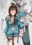  1boy 1girl absurdres bag bikini black_bikini blackmail blue_jacket blush body_writing brown_hair bud0ugrape choker commentary condom condom_belt condom_wrapper cumdump faceless faceless_male flat_chest forced_smile grin height_difference hetero highres jacket lida_(pokemon) long_hair plastic_bag pokemon raised_inner_eyebrows rotom rotom_phone sex_toy smile stray_pubic_hair swimsuit tearing_up thighhighs topknot translated trembling urbain_(pokemon) used_condom vibrator vibrator_in_thighhighs vibrator_under_clothes waving 