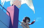  2girls aeng_(ggoeng_ouo) angel black_eyes black_hair blue_sky breath jacket multiple_girls original rooftop scarf short_hair sky squatting white_wings wind wings 