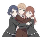  3girls black_jacket black_skirt blazer blue_eyes blue_hair bow bowtie braid closed_mouth collared_shirt commentary cowboy_shot dress girl_sandwich green_eyes group_hug hair_bow hair_ornament highres hinoshita_kaho hug jacket kinjo_maika kurumibashi_school_uniform light_frown long_hair looking_at_viewer love_live! love_live!_hasu_no_sora_jogakuin_school_idol_club love_live!_hasu_no_sora_jogakuin_school_idol_club_bloom_garden_party love_love_comedy medium_hair multiple_girls neckerchief orange_eyes orange_hair pleated_dress pleated_skirt red_bow red_bowtie red_hair red_neckerchief reisawa_aoi sailor_collar sandwiched school_uniform shirt short_hair side_braid simple_background skirt smile split_mouth untranslatable_commentary white_background white_sailor_collar white_shirt yellow_bow 
