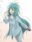  alternate_hairstyle green_eyes green_hair hair_brush hair_down hatsune_miku long_hair lowres messy_hair nononono one_eye_closed open_mouth pajamas sleepy solo vocaloid yawning 