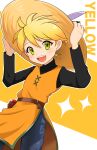  1girl :d absurdres belt belt_buckle black_shirt blonde_hair blue_pants brown_belt brown_hat buckle character_name commentary hair_between_eyes hat highres light_blush long_sleeves looking_at_viewer nanami31124 open_mouth outline pants poke_ball poke_ball_(basic) pokemon pokemon_adventures reverse_trap shirt short_hair smile solo sun_hat tunic upper_body waist_poke_ball white_outline yellow_(pokemon) yellow_eyes yellow_tunic 