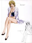  absurdres akagi_ritsuko blonde_hair breasts cigarette cleavage crossed_legs green_eyes highres labcoat large_breasts mole mole_under_eye neon_genesis_evangelion non-web_source one-piece_swimsuit short_hair sitting smoking swimsuit swimsuit_under_clothes 