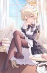  1girl absurdres akovo alternate_costume apron black_bow black_bowtie black_dress black_pantyhose blue_archive blush book book_stack bow bowtie brown_hair closed_eyes closed_mouth commentary cup day doodle_sensei_(blue_archive) dress enmaided feathered_wings feet flower foot_focus frilled_apron frilled_hairband frills hair_flower hair_ornament hairband halo hand_up highres holding holding_cup indoors juliet_sleeves light_smile long_hair long_sleeves low_wings maid nagisa_(blue_archive) no_shoes pantyhose pink_flower plate presenting_foot puffy_sleeves sensei_(blue_archive) sitting soles solo spoon teacup toes very_long_hair white_apron white_flower white_hairband white_wings window wings 
