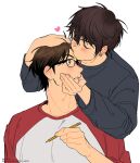  2boys ace_of_diamond adam's_apple black_hair black_shirt blush brown_eyes brown_hair closed_eyes collarbone hand_on_another's_head heart holding holding_pencil kiss kiss_from_behind kissing_forehead long_sleeves male_focus miyuki_kazuya multiple_boys nume_x pencil red_sleeves sawamura_eijun shirt short_hair sideburns simple_background sitting standing upper_body white_background yaoi 