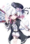  1girl animal_ears belt beret black_choker black_coat black_hat center_frills choker coat collared_coat dog_ears dog_tail flower flower-trimmed_shorts flower-trimmed_sleeves frills gradient_hair hair_flower hair_ornament hat hat_flower hat_ribbon highres jibishibi kemonomimi_mode long_sleeves looking_at_viewer mahou_shoujo_no_majo_saiban multicolored_hair neck_ribbon o-ring o-ring_thigh_strap pink_eyes pink_hair puffy_sleeves ribbon sakuraba_ema shirt short_hair simple_background sleeveless sleeveless_coat solo tail thigh_strap white_background white_flower white_hair white_ribbon white_shirt white_sleeves x_hair_ornament 