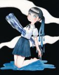  1girl absurdres barefoot black_hair commentary_request full_body gradient_hair green_eyes highres icicle kneeling liquid_hair long_hair melting multicolored_hair original painting_(medium) ponytail ryona sato_(osappun) skirt solo stab surreal traditional_media water watercolor_(medium) 